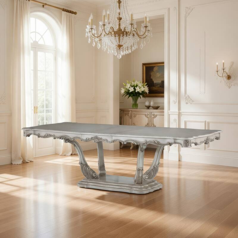 Traditional Style Dining Table with Scrolled Floral Motifs, Cream
