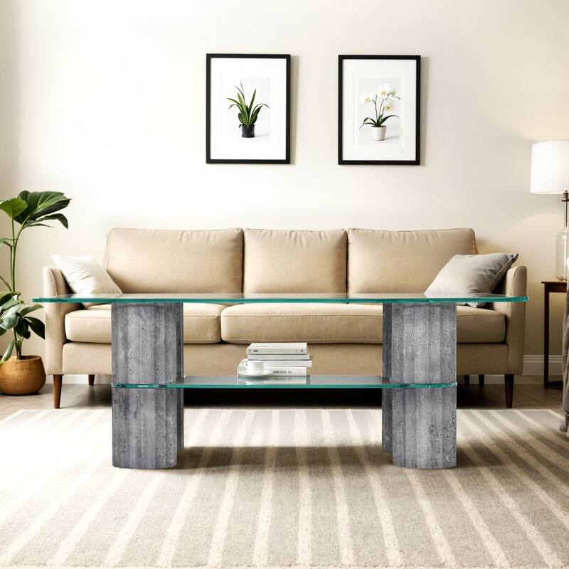 Ivinta 44"W×24"D Rectangular Coffee Table with Tempered Glass Top, Roma Stylish Legs - Grey