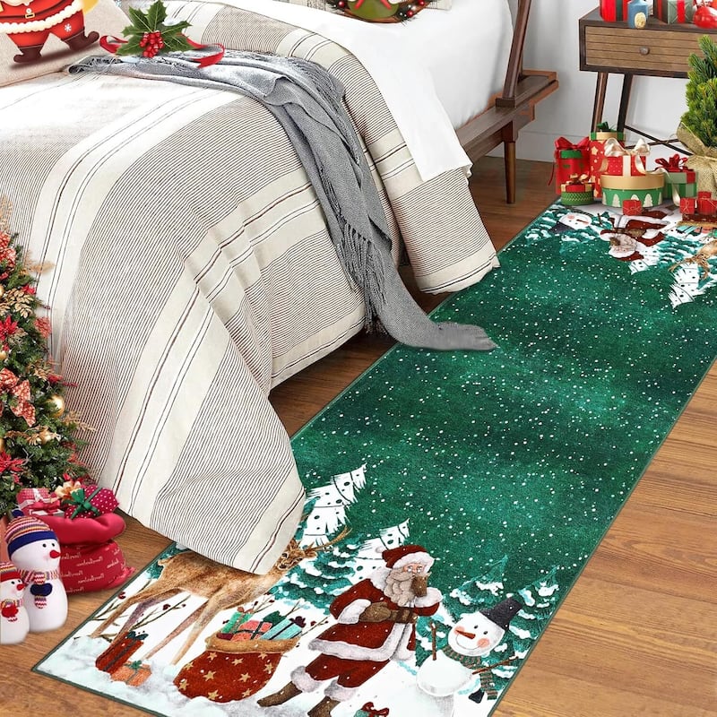 Soft Non-Slip Washable Christmas Santa Claus Area Rugs, Xmas Holiday Decor, Green - 2*8ft