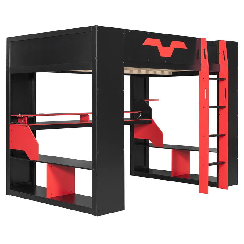 Roomfitters Full Gaming Loft Bed with Power Hub, RGB Lights and Cable Management
