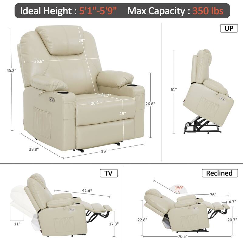 MCombo Medium-Wide Power Lift Recliner Chair Sofa with Massage and Heat for Elderly People, Faux Leather R7045