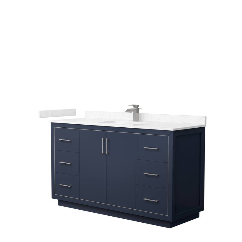 Icon Single Vanity Set, Cultured Marble Top, No Mirror - 60-Inch Single - Dark Blue, Nickel Trim,Carrara Cultured Marble Top