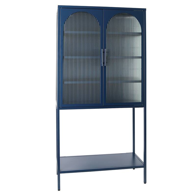 Elegant Floor Cabinet with 2 Glass Arched Doors Living Room Display Cabinet with Adjustable Shelves Anti-Tip Dust-free