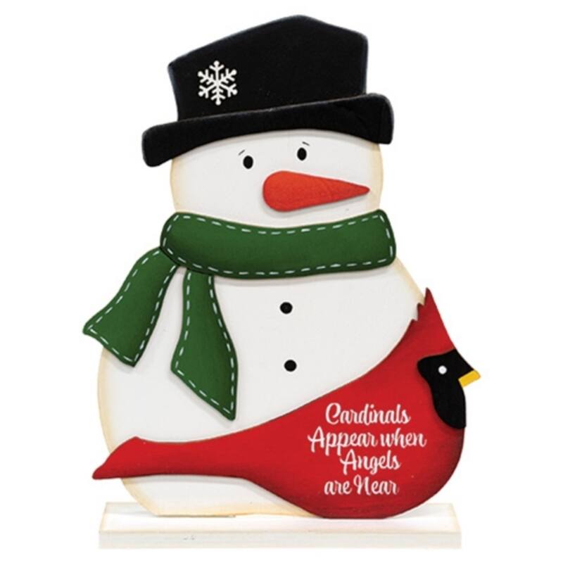 Cardinals Appear Wooden Snowman on Base Winter Decoration - 7” x 2.25” x 10.50” - White-Red-Black-Green
