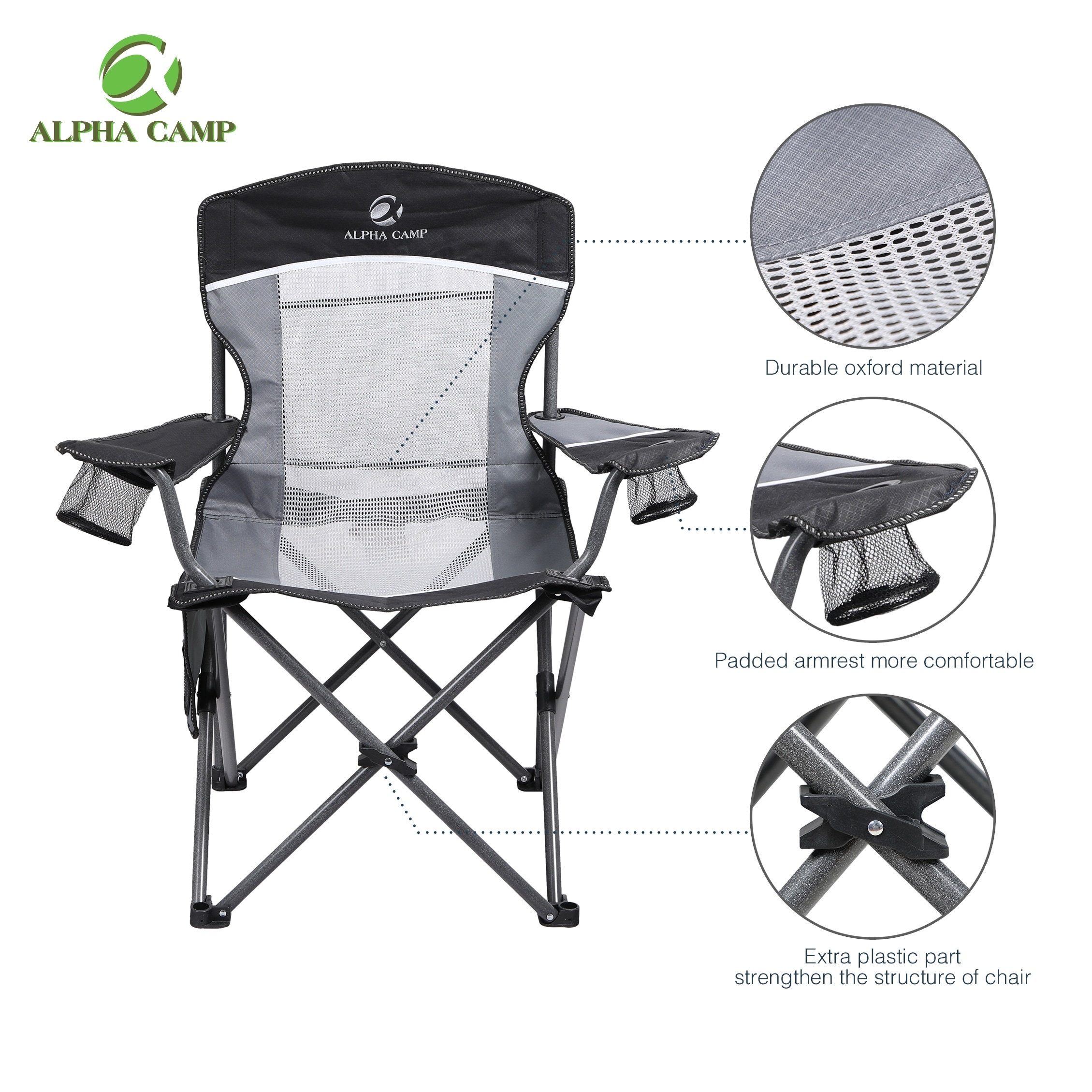 ALPHA CAMP Oversized Mesh Back Camping Folding Chair Heavy Duty Support 350 LBS Collapsible Steel Frame - Black Grey