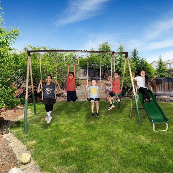 slide 1 of 7, ALEKO Outdoor Sturdy Child Swing Set with 2 Swings, Trapeze, Glider, and Slide