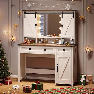 Makeup Vanity with Lights & Barn Doors Vanity Desk Charging Station