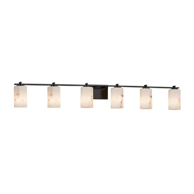 Justice Design LumenAria Era 6-light Matte Black Bath Bar, Faux Alabaster Cylinder w/ Flat Rim Shade