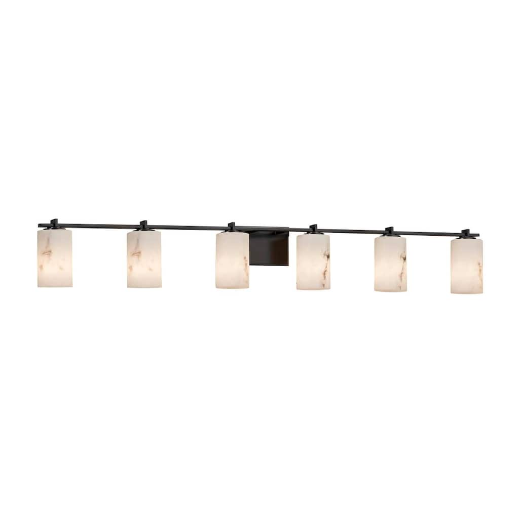 Justice Design LumenAria Era 6-light Matte Black Bath Bar, Faux Alabaster Cylinder w/ Flat Rim Shade