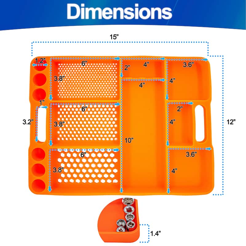 Heavy Duty Silicone Tool Tray Organizer - Anti Slip Grip, Flexible, Heat Resistant & Easy Clean Surface - regular