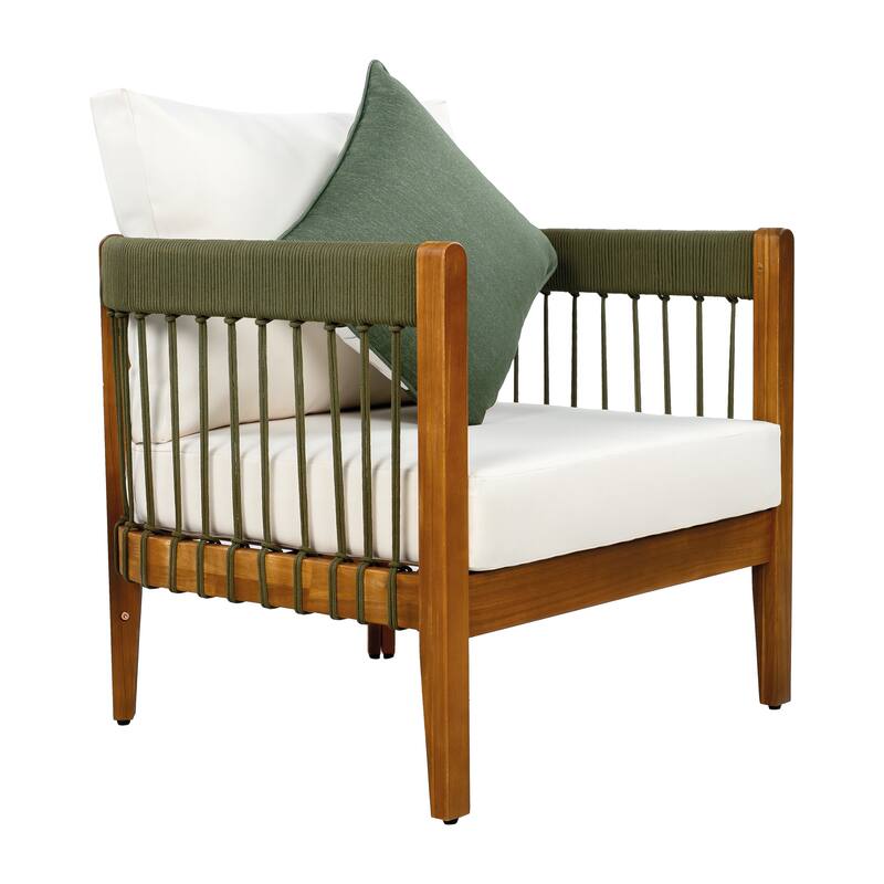 Acacia Wood Outdoor Club Chair Handwoven Rope Curved Backrest Water-Resistant Porch