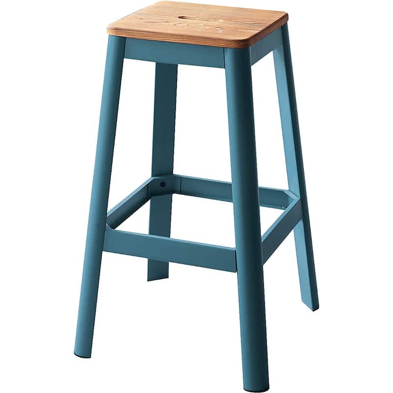 Rustic 30 Inch Counter Height Bar Chair Backless Pine Wood Seat with Metal Frame and Footrest - 18”D x 18”W x 30”H - Brown-Teal