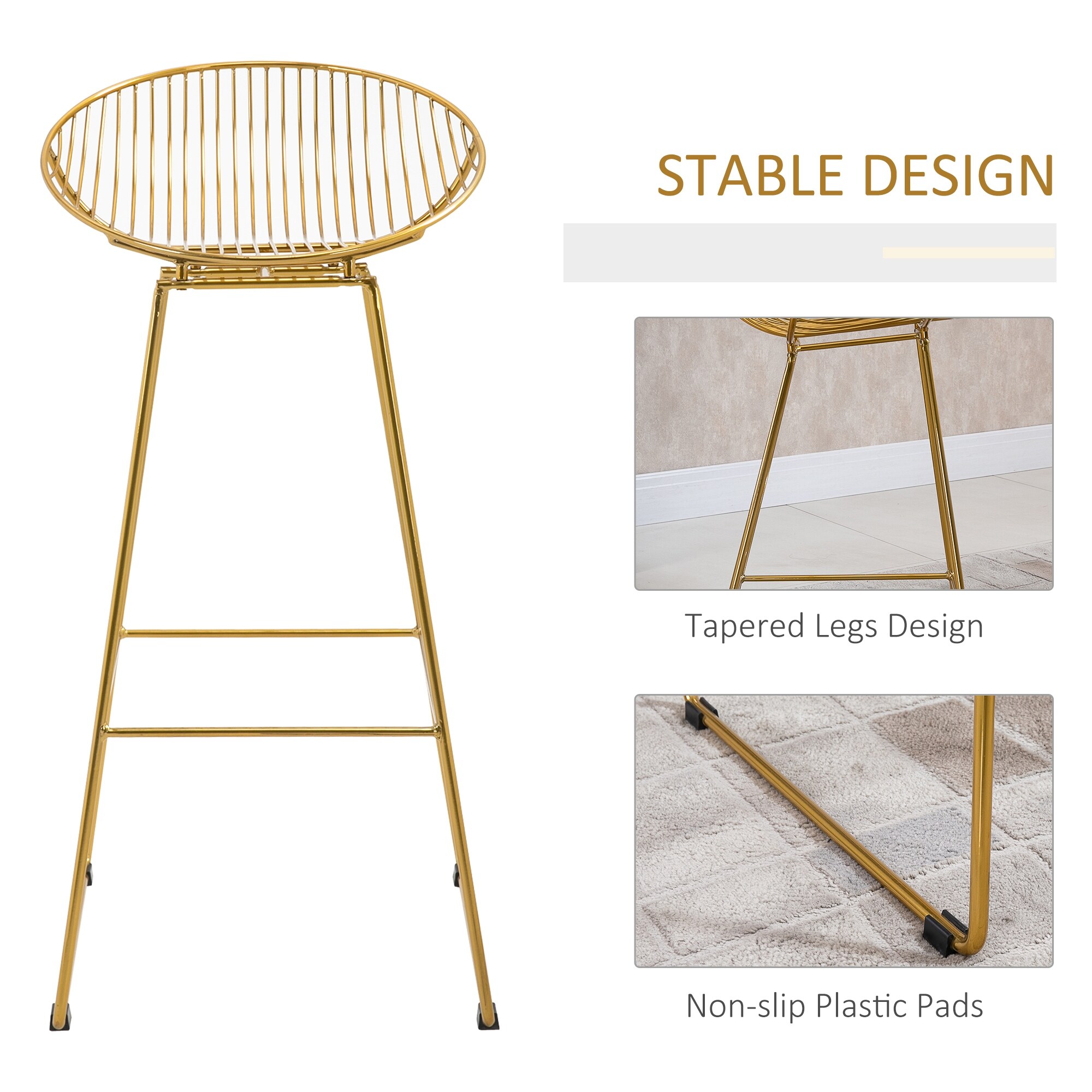HOMCOM Modern Style Bar Stools Set of 2, Bar Height Chairs for Kitchen, Pub  with Backrest and Footrest, Steel Frame