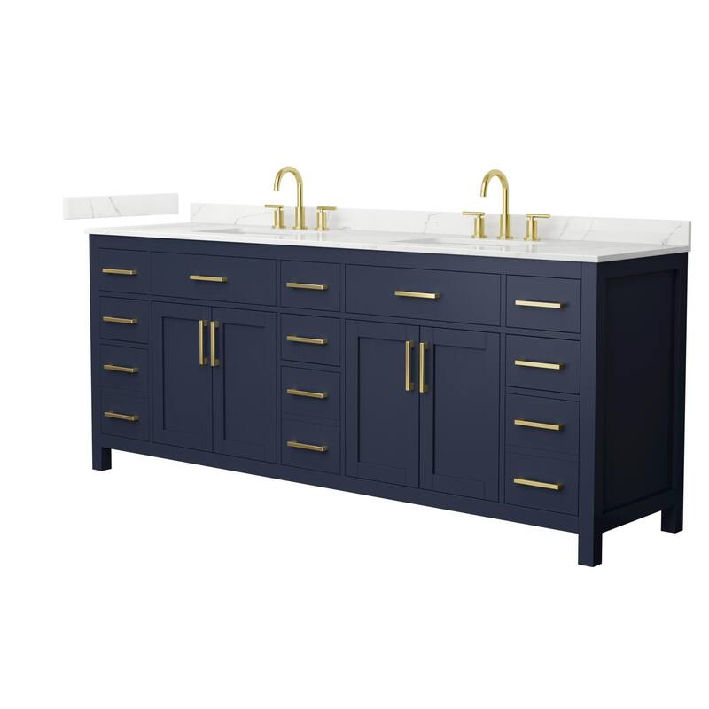 Wyndham Collection WCG2424-84D-QTZ-US3MXX Beckett 84" Free Standing - Dark Blue / Giotto Quartz Top / Brushed Gold