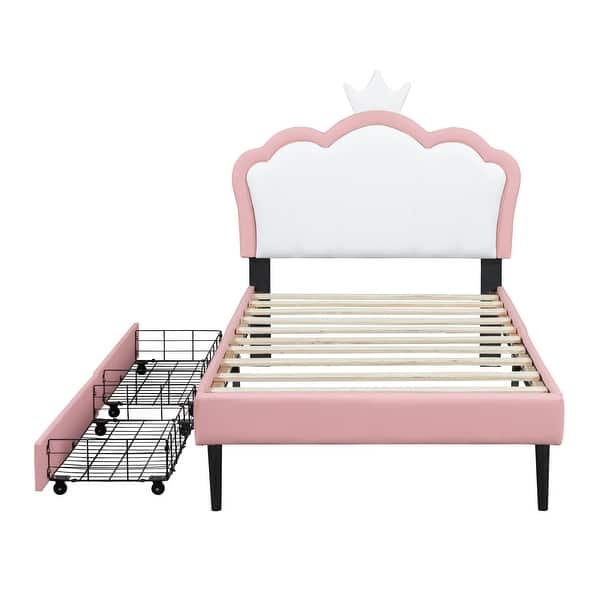 slide 2 of 11, Twin Upholstered Leather Princess Bed w/ Wheel and 2 Drawers, Crown Headboard for Kids Teens,White Pink White Pink 2 Drawers