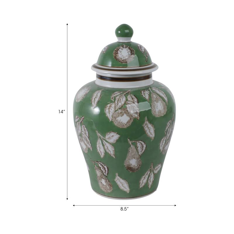 Ceramic Temple Jar Modern Pear Twigs Chinoiserie Design with Lid