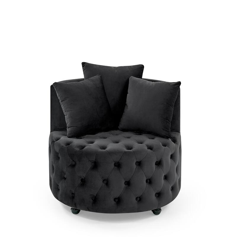 Living Room Velvet Swivel Chair with Button Tufted Design, 3 Pillows & Movable Wheels