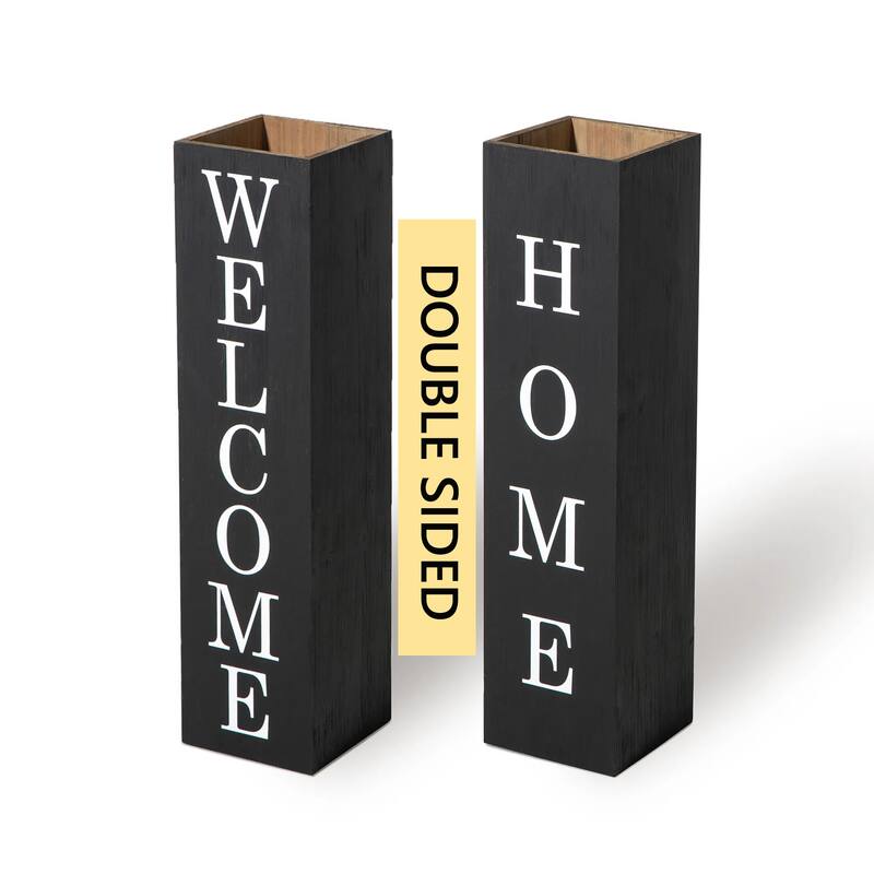 30"H Wooden Welcome Porch Sign Rustic Double Sided Box-shaped "WELCOME, Home" Planter for Front Porch Decor by Glitzhome - Black