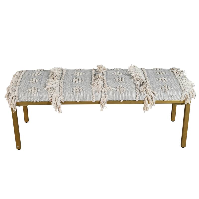 HomeRoots 47" Gray Ivory and Gold Geometric Cotton Upholstered Bench - 47' X '18' X '16