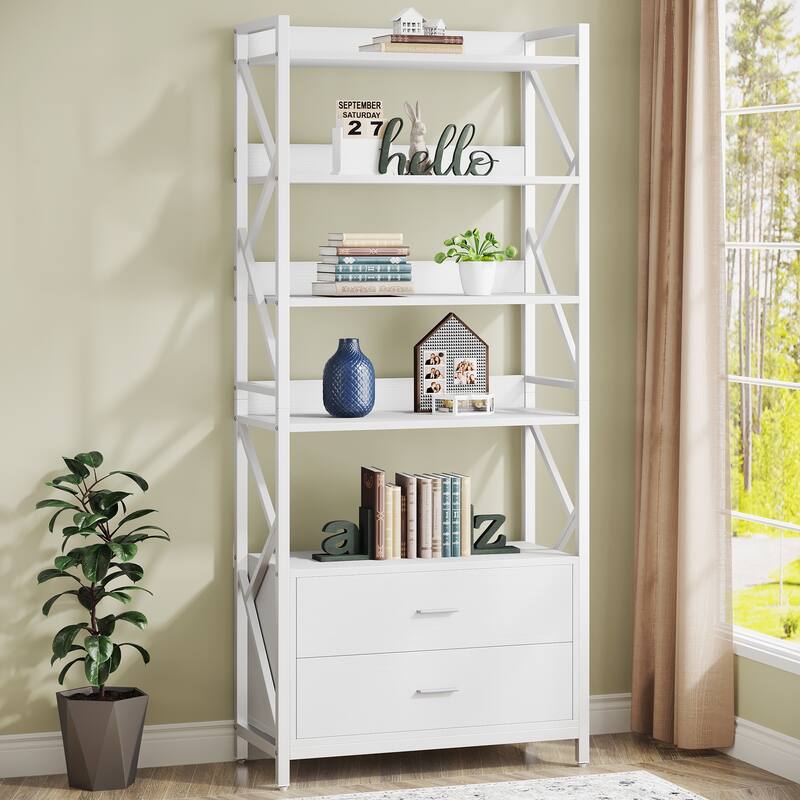 5 Shelf Bookcase 70.86 Inch Industrial Bookshelf with 2 Drawers,