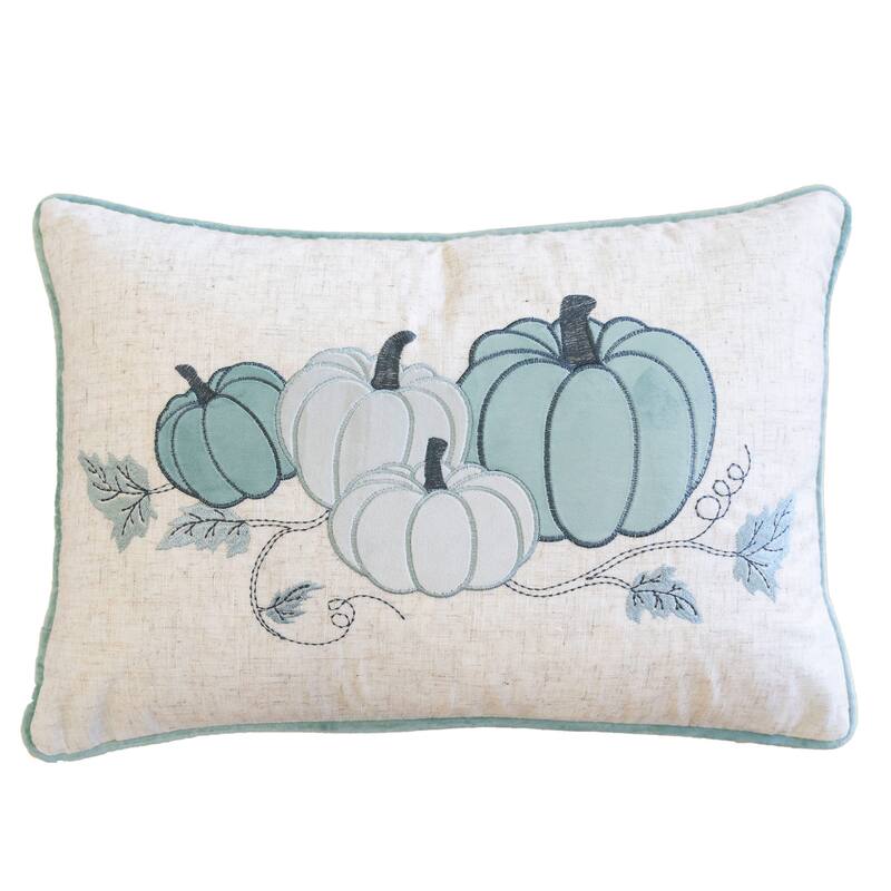 Embroidered Pumpkin Lumbar Throw Pillow - Fall Harvest Accent Cushion - Light Baby Blue