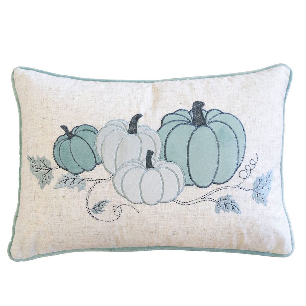 Embroidered Pumpkin Lumbar Throw Pillow - Misty Blue Fall Accent Cushion Set of 2