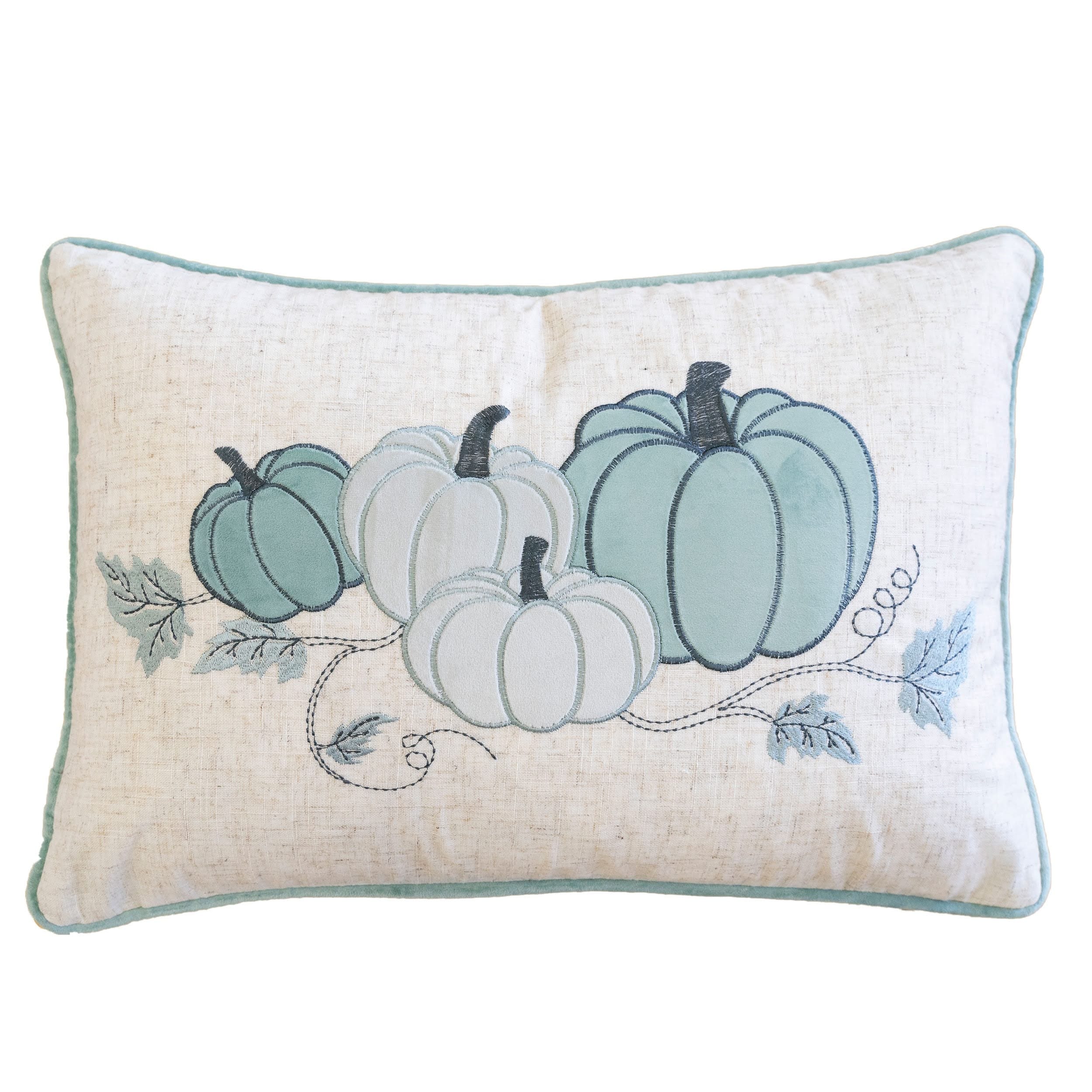 Embroidered Pumpkin Lumbar Throw Pillow - Misty Blue Fall Accent Cushion Set of 2