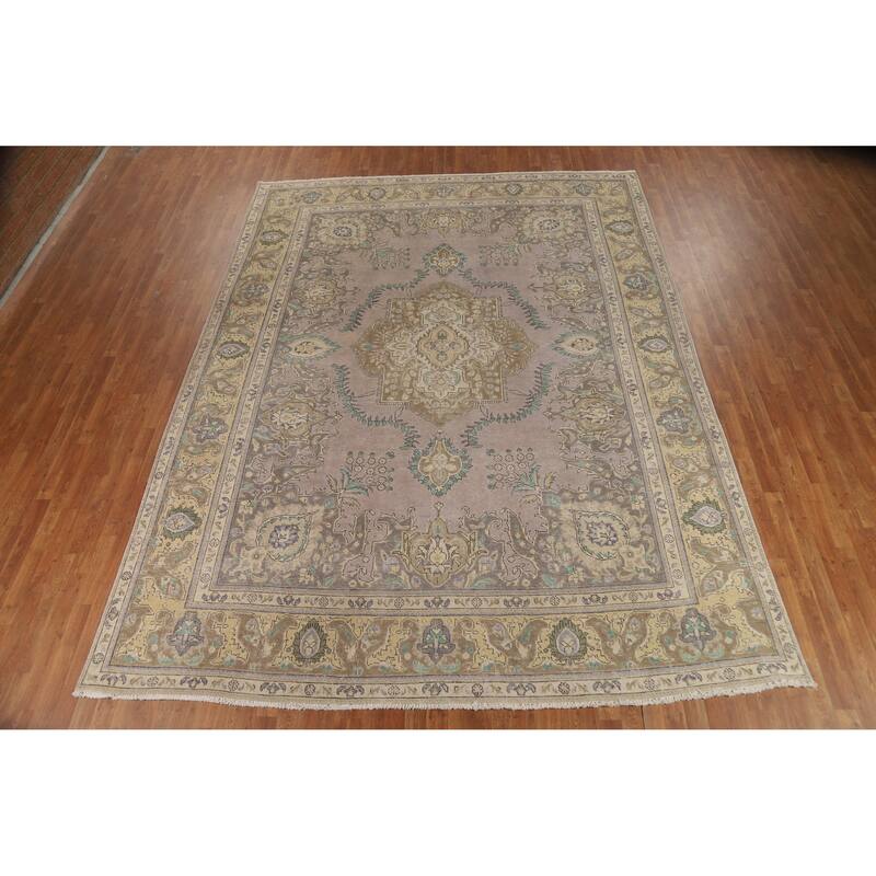 Traditional Grey Tabriz Persian Vintage Area Rug Handmade Wool Carpet - 9'7" x 12'7"