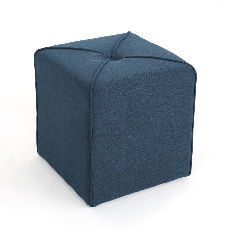 Liasa Ottoman, Navy Blue Fabric, Cube Shaped Plush Cushion, 17 Inch