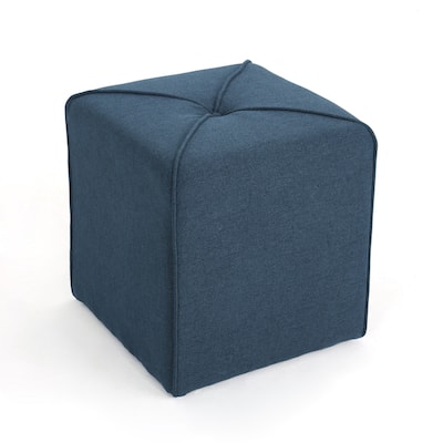 Liasa Ottoman, Navy Blue Fabric, Cube Shaped Plush Cushion, 17 Inch