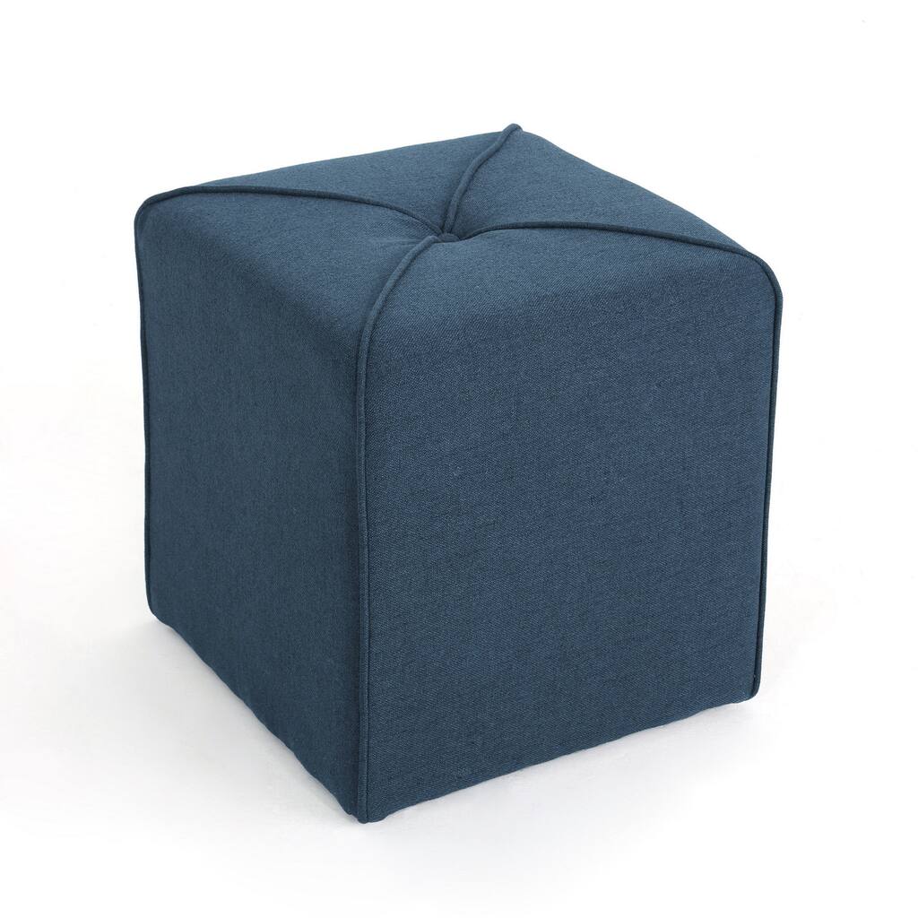 Liasa Ottoman, Navy Blue Fabric, Cube Shaped Plush Cushion, 17 Inch