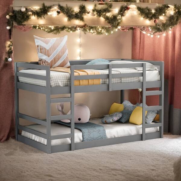 slide 2 of 9, Twin over Twin Bunk Bed With Ladder And Solid Construction for Home Grey