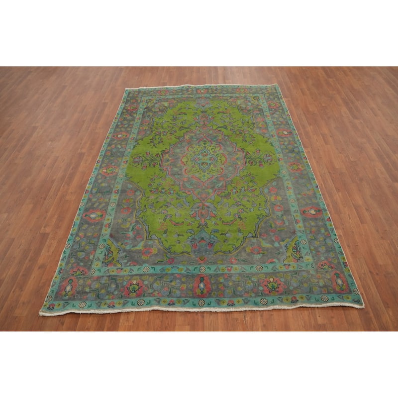 Hand Knotted Oriental 100% Wool Carpet Traditional Floral Green Tabriz Area Rug - 9' 8'' X 6' 5''