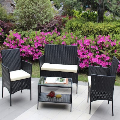 Beige Comfortable 4 Pieces Rattan Patio Furniture Set with Water and UV Resistance
