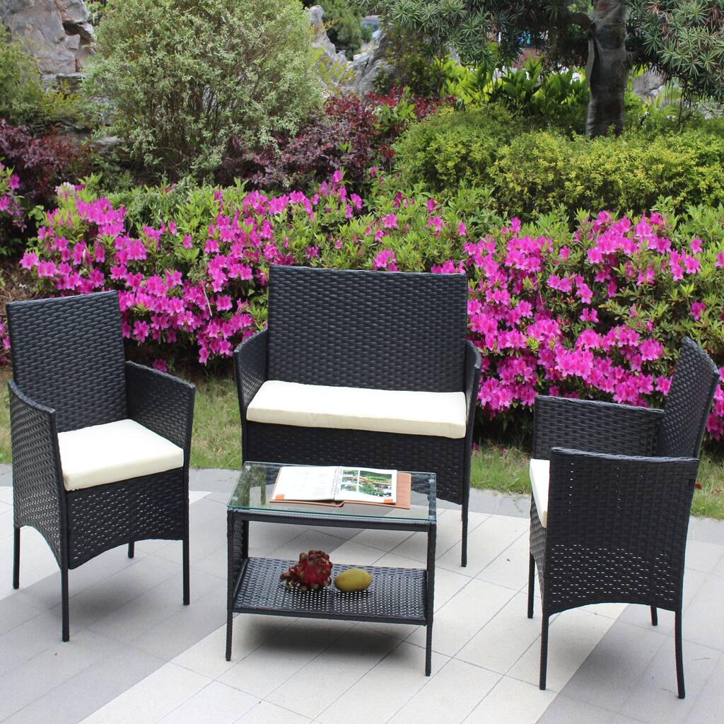 Classic 4-Piece Patio Outdoor Furniture Set With Cushioned Seat Wicker Sofa and Tea Table