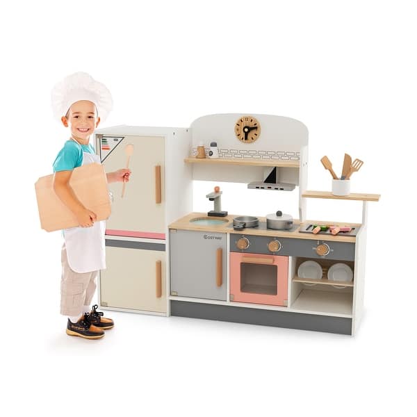 slide 2 of 11, Wooden Play Kitchen Set with Realistic Range Hood and Refrigerator Perfect Gift for Kids - 35.5" x 9" x 25.5" (L x W x H) Kids