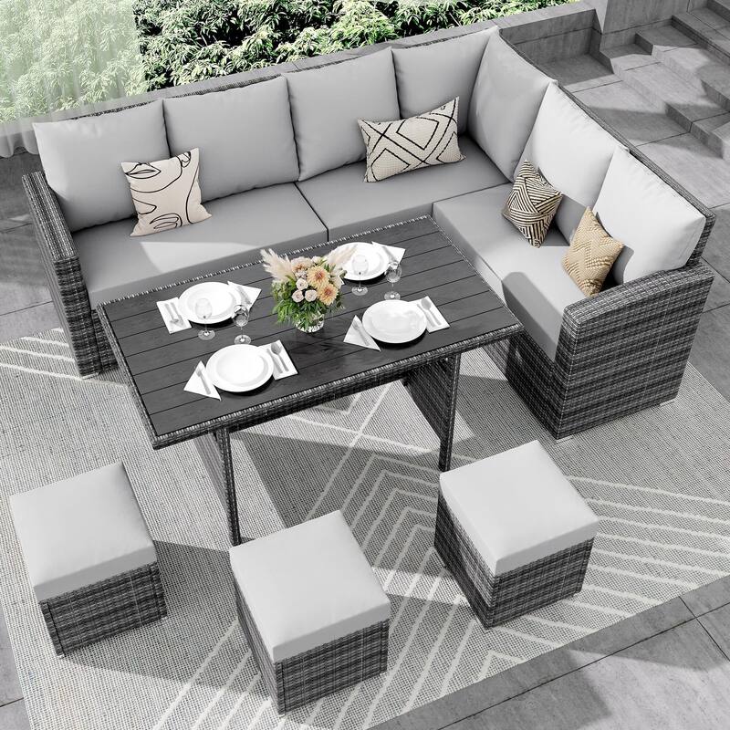 7 Piece Outdoor Sectional Sofa with Dining Table