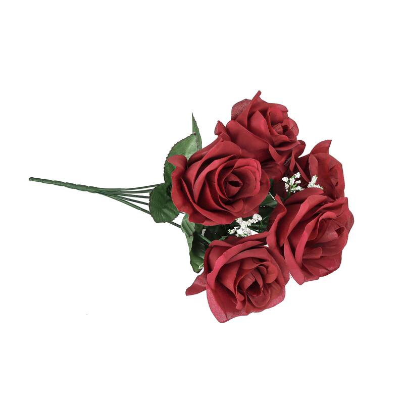 Set of 12 Burgundy Artificial Open Rose Flower Stem Bush Bouquet 14in - 14" L x 7" W x 7" DP