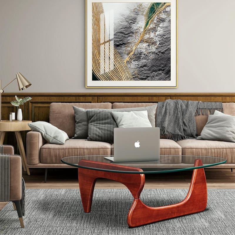 Triangle Glass Coffee Table with Solid Wood Base for Living Room