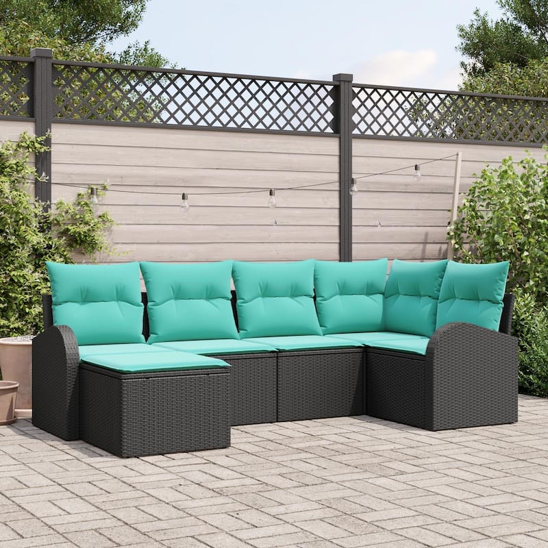 vidaXL 7 Garden Sofa Set with Cushions Black Poly Rattan - 92.1 x 48.8 x 27.2 - Black without table