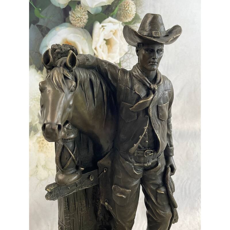Cowboy Saddling Imitative Horse Stables Barn Bronze Statue Sculpture Figure 16 Inches X 8 Inches