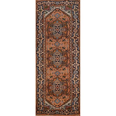 Hand Knotted Oriental 100% Wool Carpet Traditional Geometric Oranges & Rust Heriz (serapi) Runner Rug - 7' 10'' X 2' 7''
