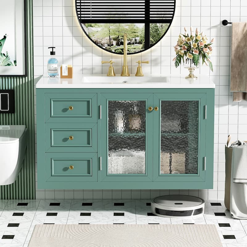 Roomfitters 36" Floating Vanity with Ceramic Sink, Wall Mounted Cabinet with 3 Drawers, Solid Wood Frame Design, Green