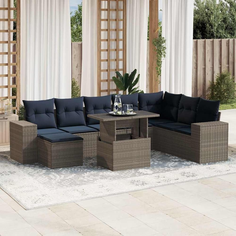 vidaXL Patio Sofa Set with Cushions Table and Couches 9 Piece Poly Rattan - 24.4" x 24.4" x 27.2"