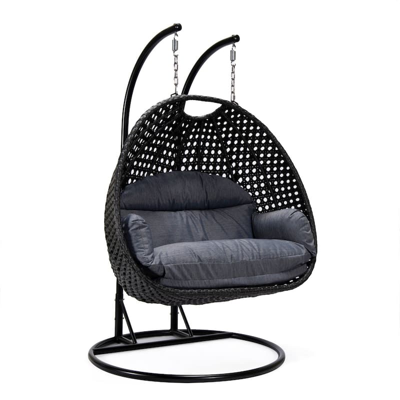 Patio 2-Person Hanging Egg Swing Chair Charcoal Wicker and Iron Frame Breathable Removable Cushion Covers by LeisureMod - Charcoal