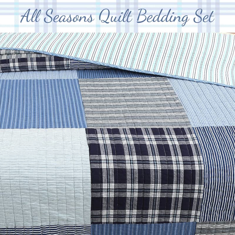 Cozy Line Navy Klein Blue Plaid Stripe Tartan Patchwork Cotton Reversible Quilt Bedding Set
