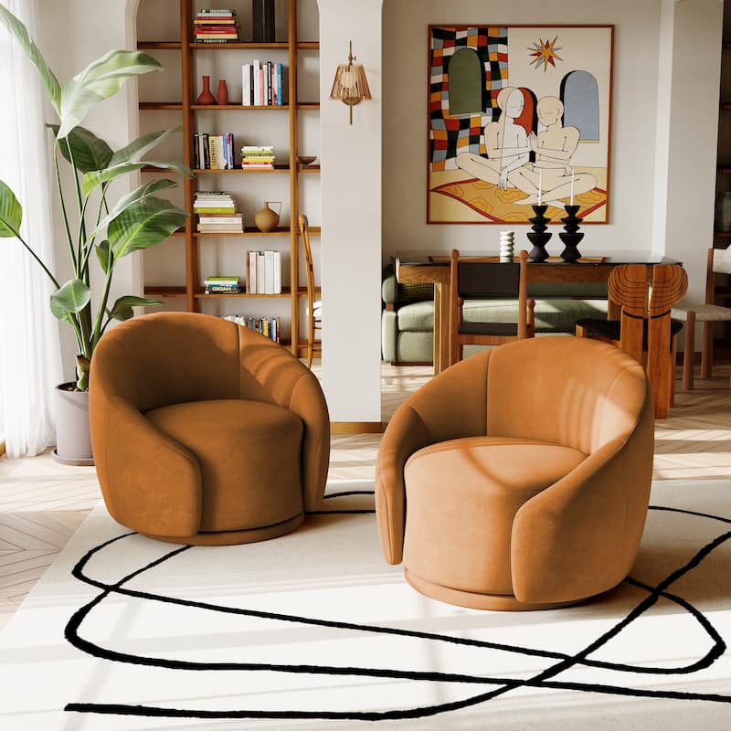 34" Wide 2 Set Velvet/ Boucle Barrel Swivel Chair
