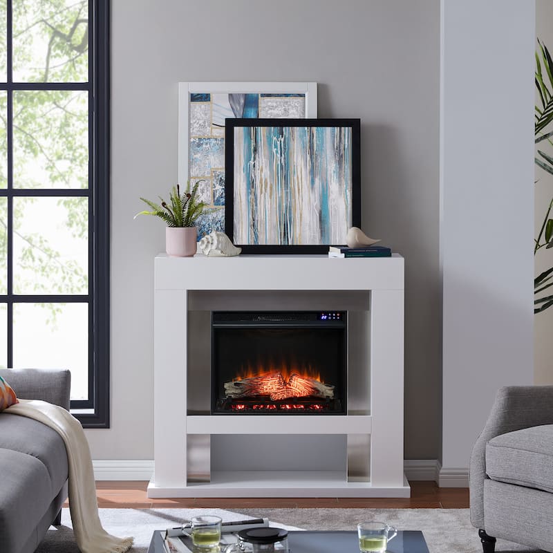 SEI Furniture Larry Industrial White Electric Fireplace - Mirrored Reflector Firebox