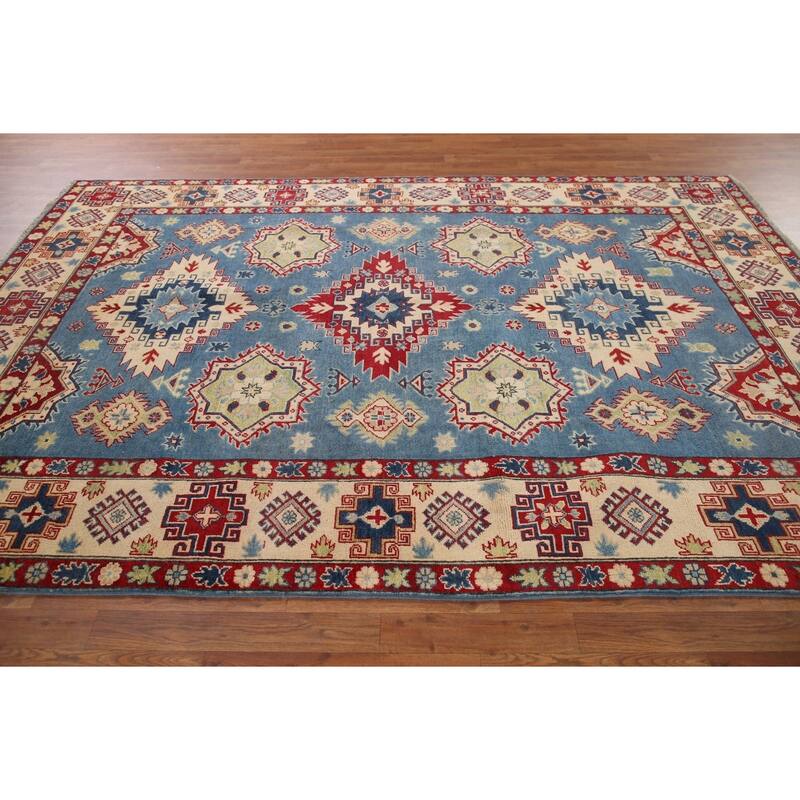 Hand Knotted Oriental 100% Wool Carpet Traditional Geometric Navy Blue & Blues Kazak Area Rug - 9' 10'' X 6' 8''