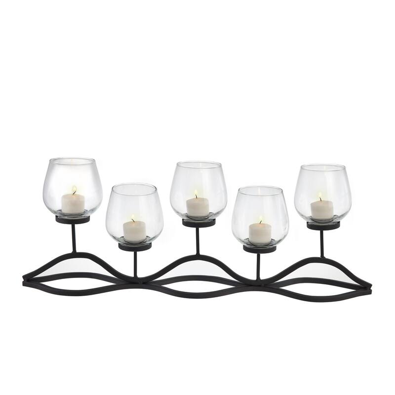 5 Candle Glass Hurricane Candle Holders with Curved Frame - 22" - Black